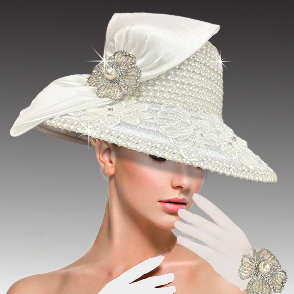 Couture Elegant White Pearl Jeweled Embellished Women's Hat With Matching Gloves